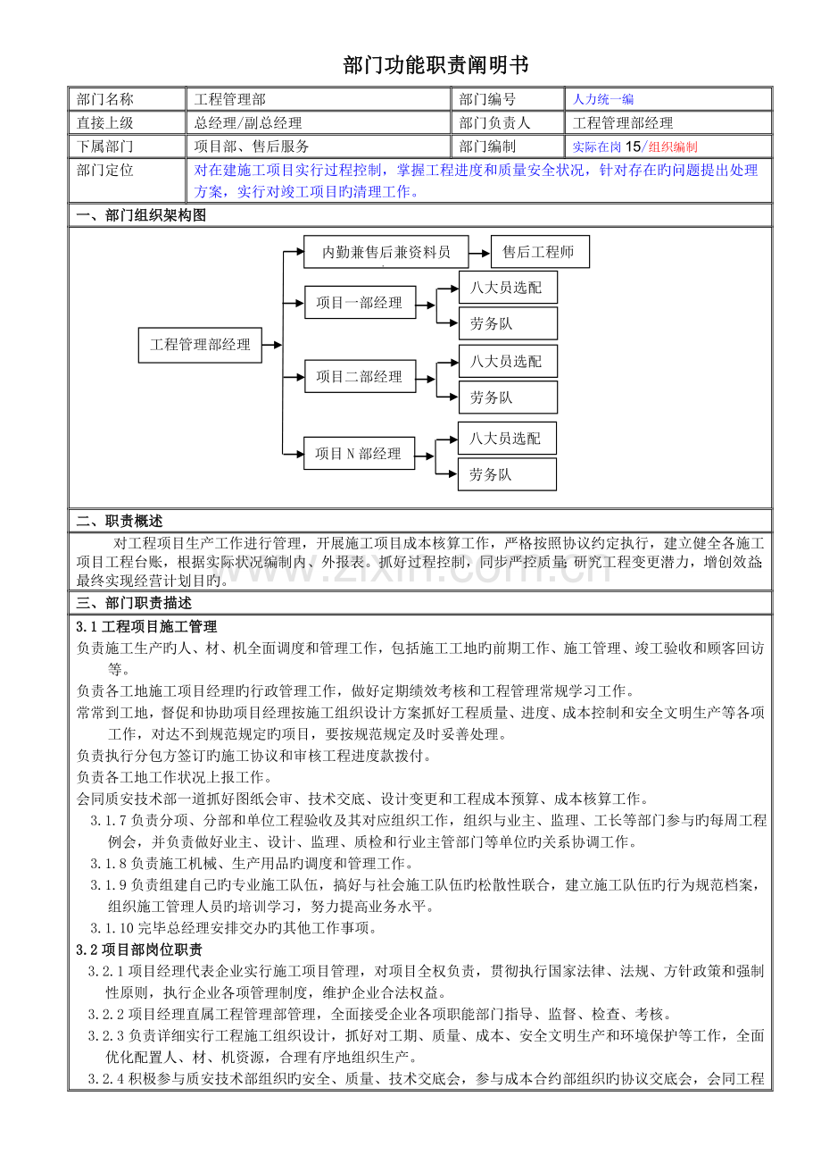 工程管理部部门功能职责说明书.doc_第1页