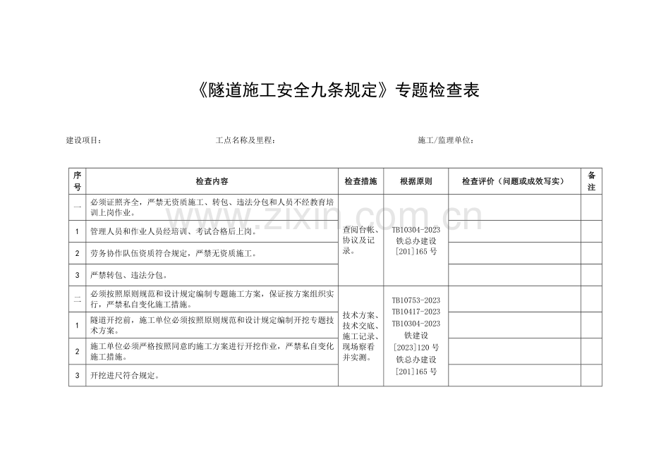 隧道施工安全九条规定专项检查表.doc_第1页