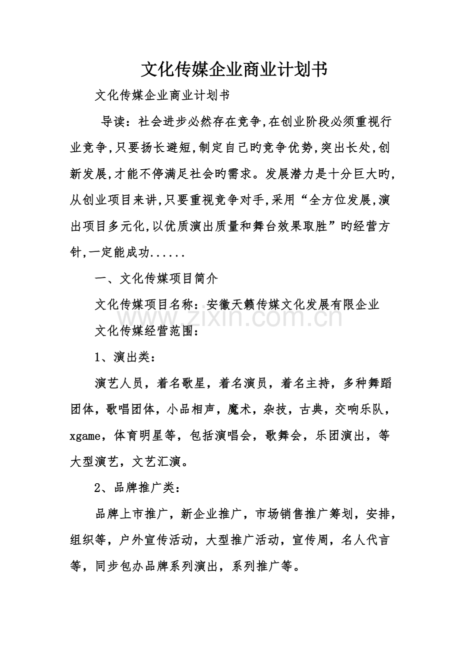 文化传媒公司商业计划书.doc_第1页