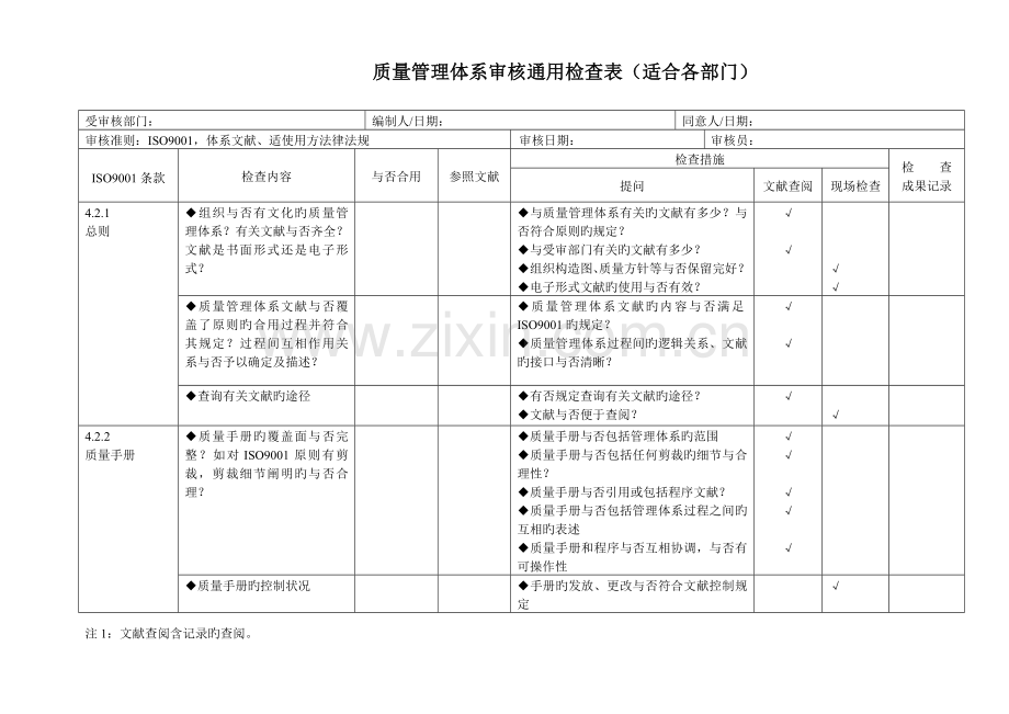 2023年内审检查表全套企业各部门通用.doc_第1页