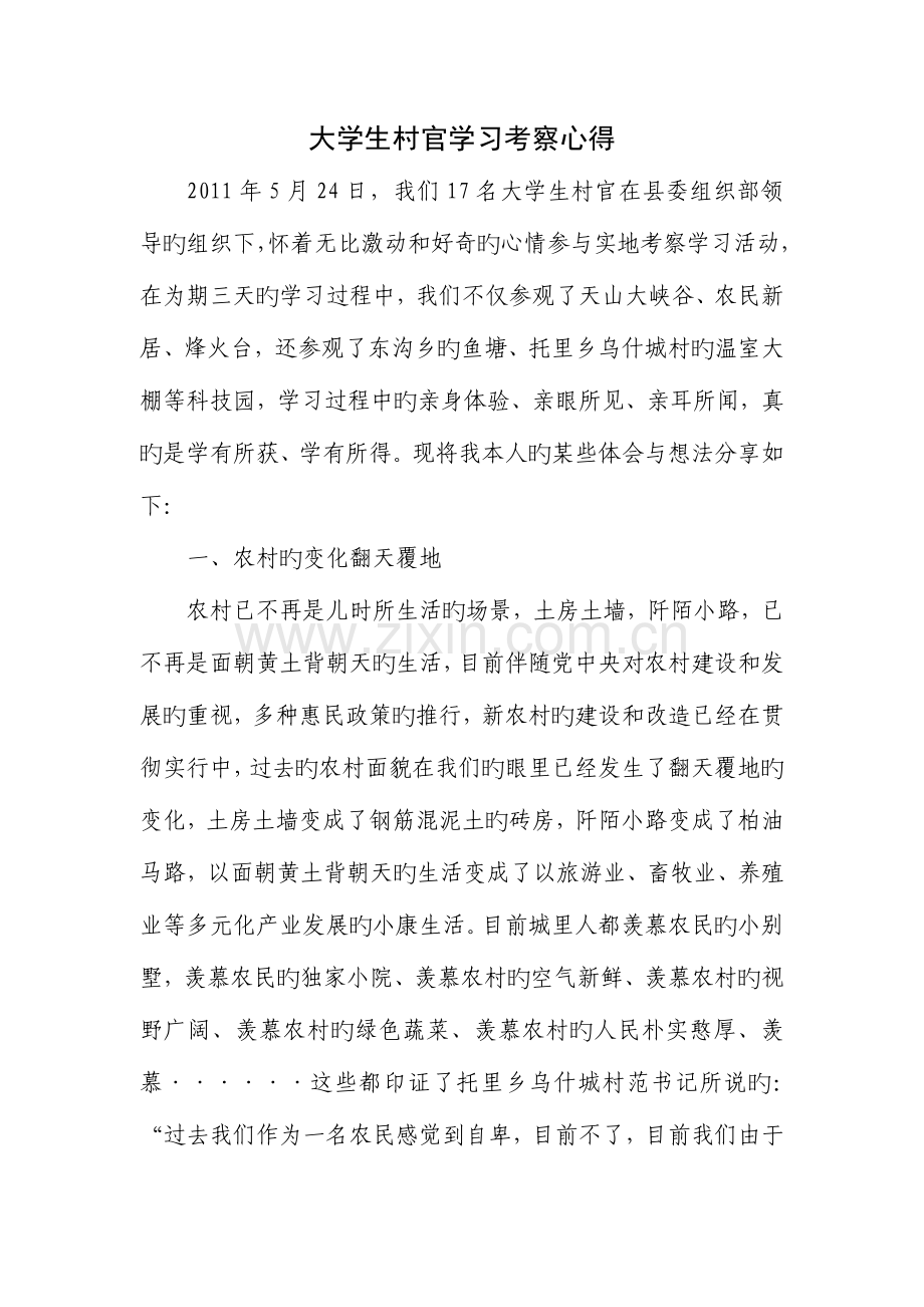 2023年大学生村官考察学习心得.doc_第1页