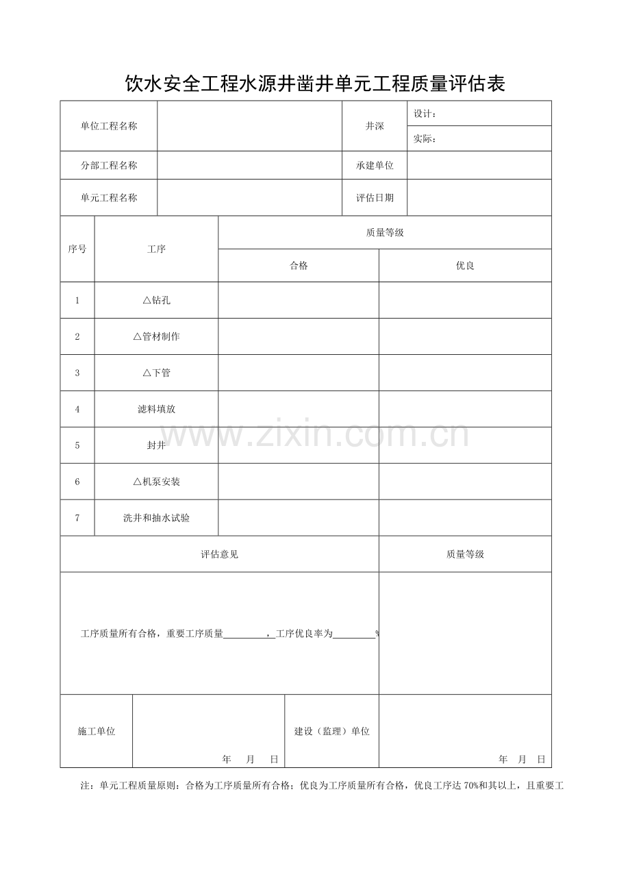 水源井凿井单元工程质量评定表模板.doc_第1页