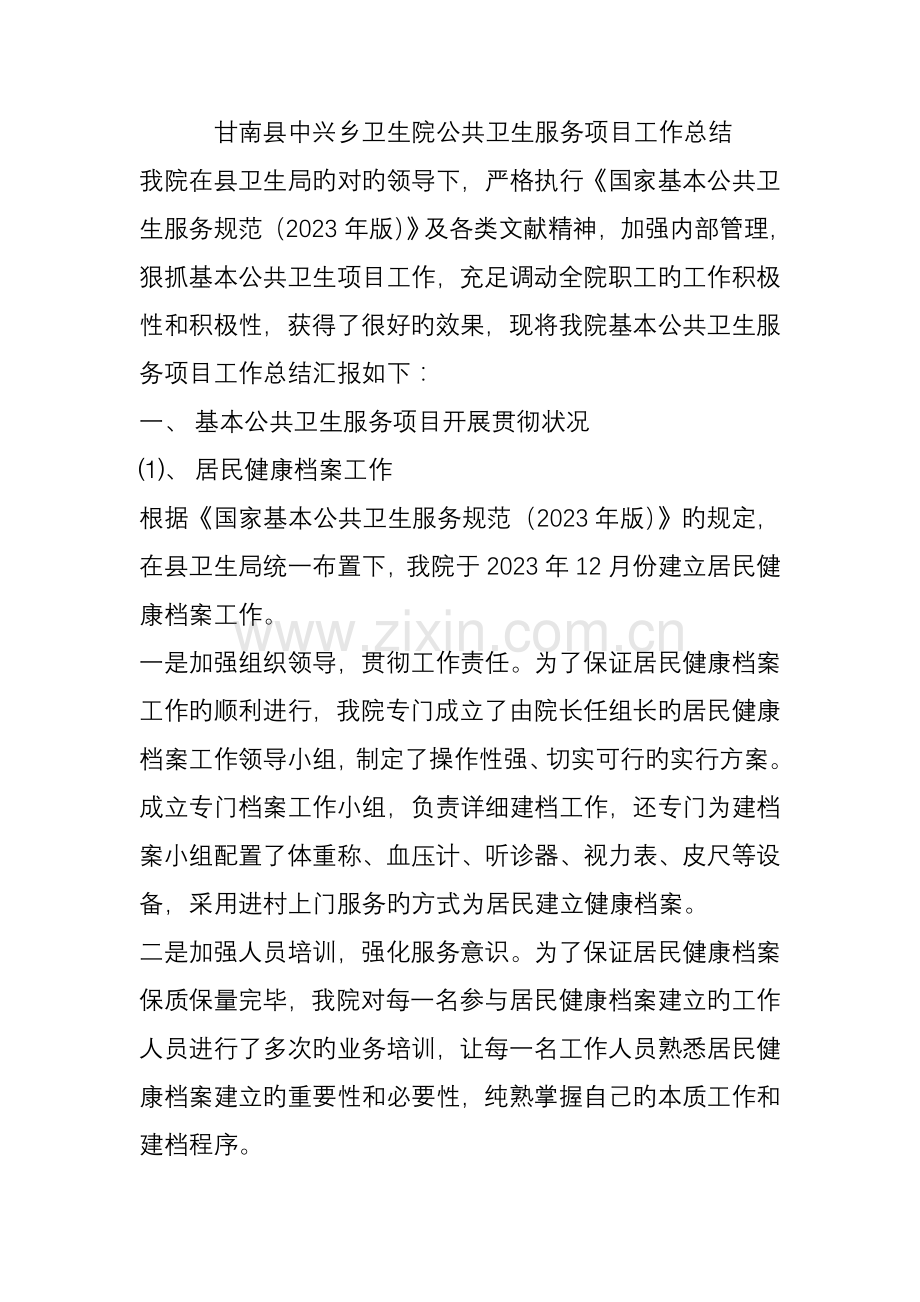 甘南县中兴乡卫生院公共卫生服务项目工作总结.doc_第1页