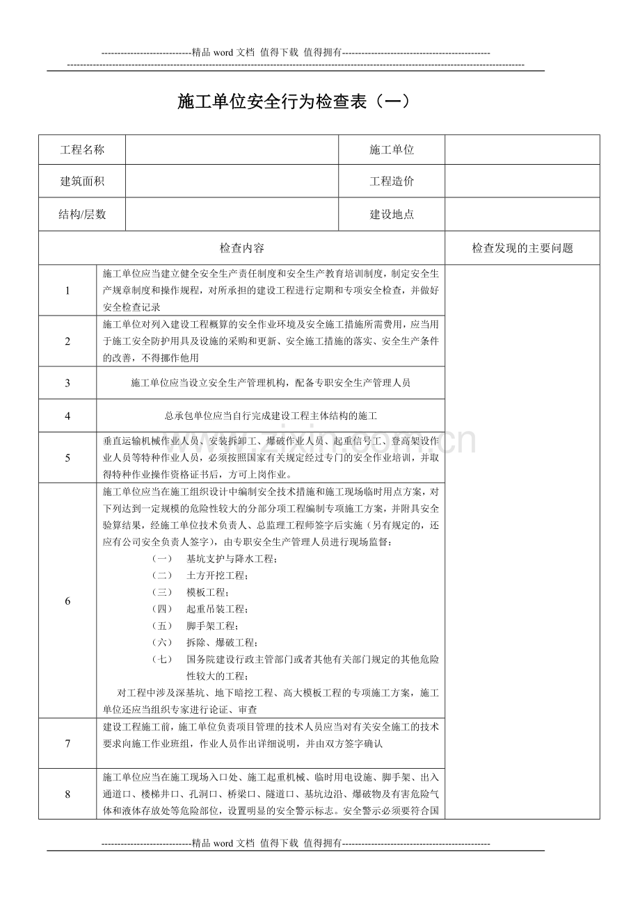 施工单位安全行为检查表.doc_第1页