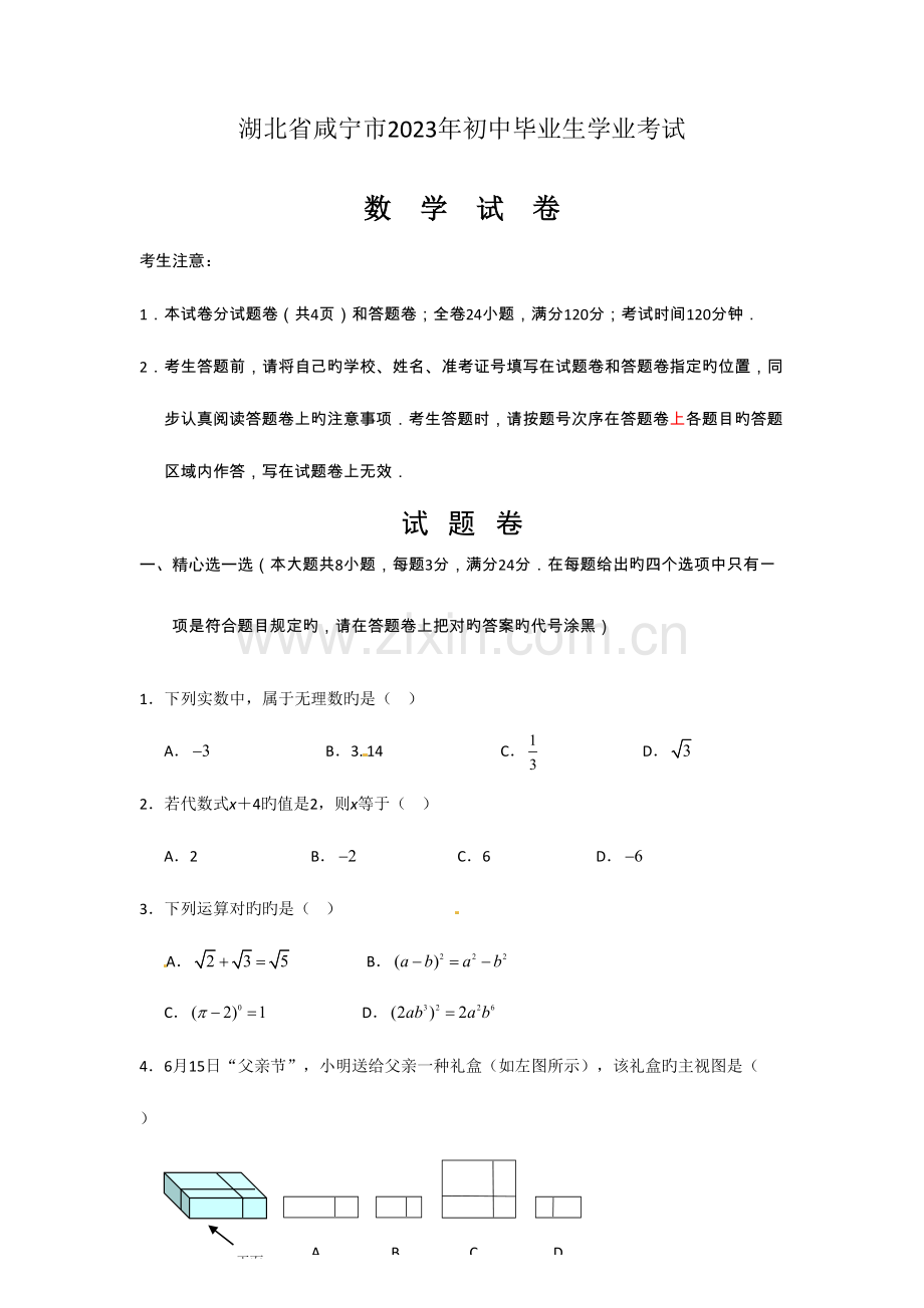 2023年中考数学真题及答案湖北咸宁数学.doc_第1页