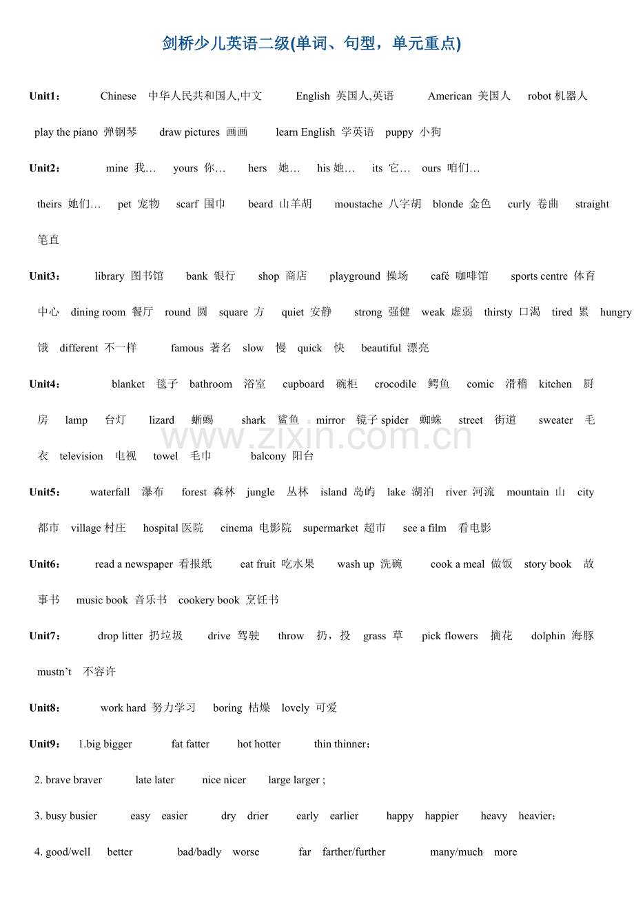 2023年剑桥少儿英语二级重点单词句型.doc_第1页