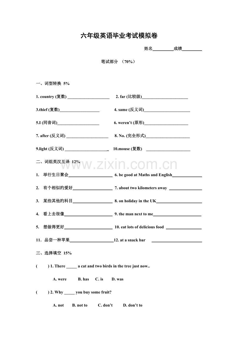 2023年新译林牛津小升初英语试卷模拟卷.doc_第1页