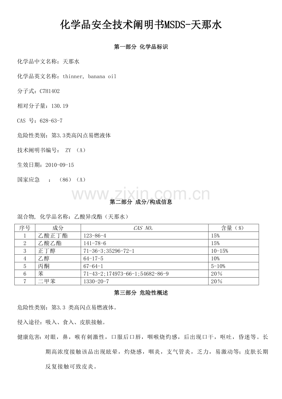 化学品安全技术说明书MSDS天那水.doc_第1页