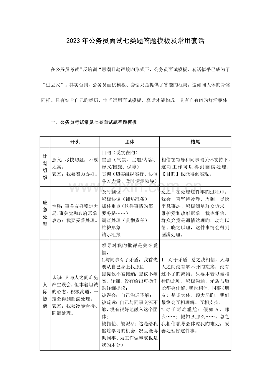 2023年公务员面试七类题答题模板及常用套话.doc_第1页