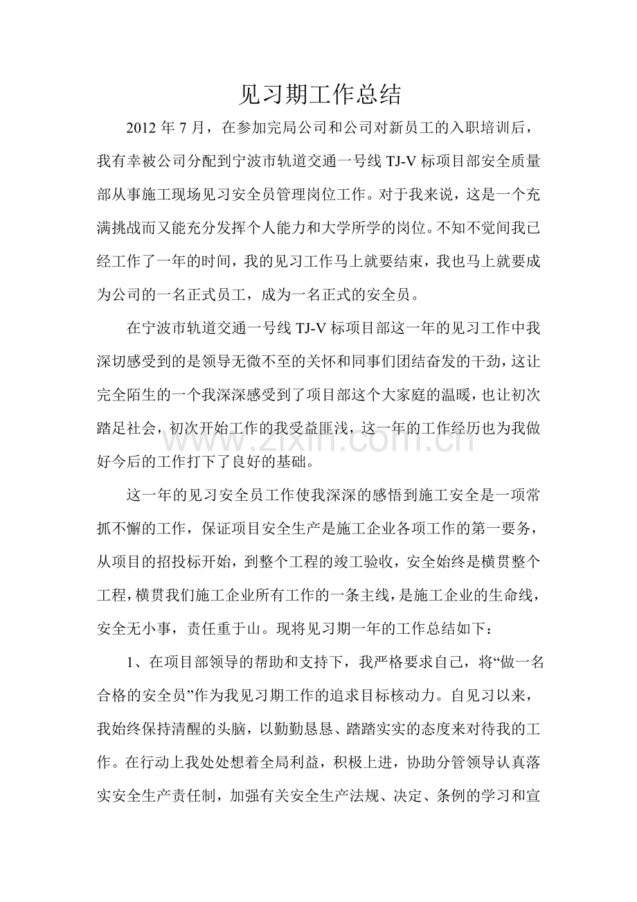 见习期工作总结(施工现场安全员).doc_第1页