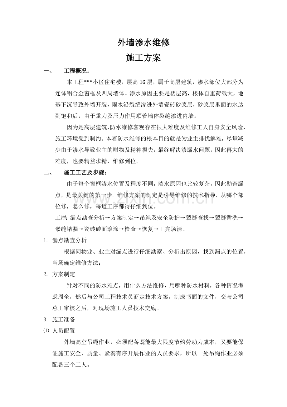 墙体渗水维修施工方案.docx_第1页