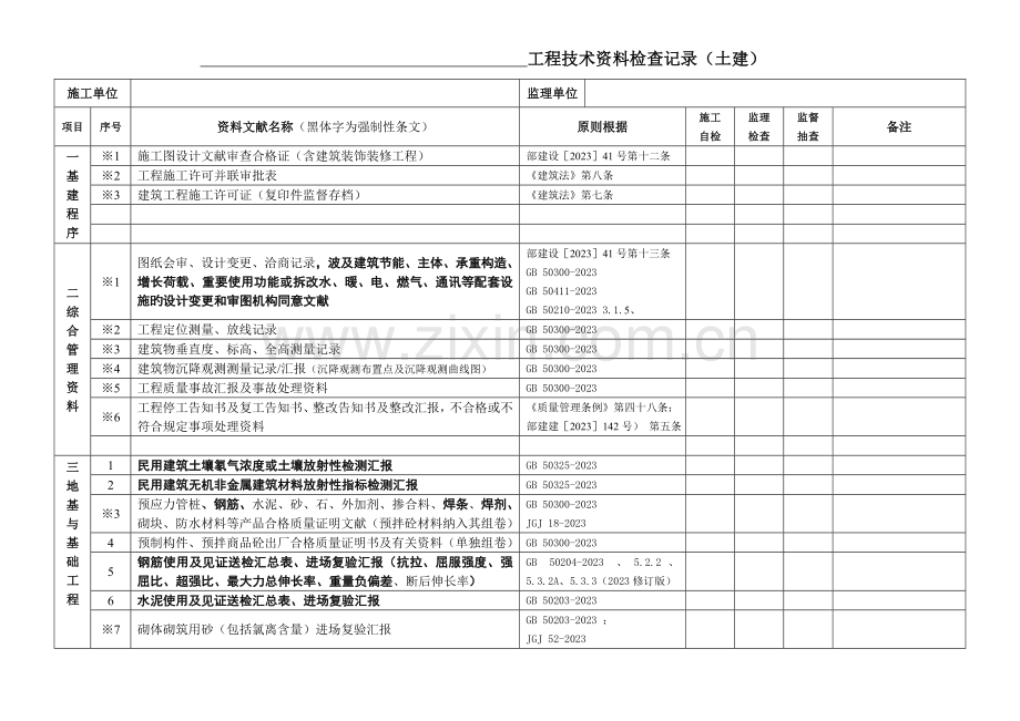 工程技术资料检查记录土建.doc_第1页