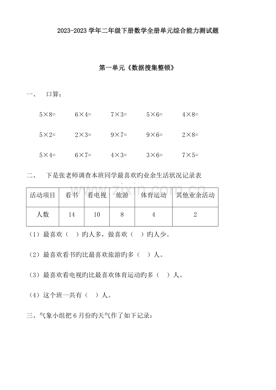 2023年新人教版二年级下册数学全册单元综合能力测试题.docx_第1页