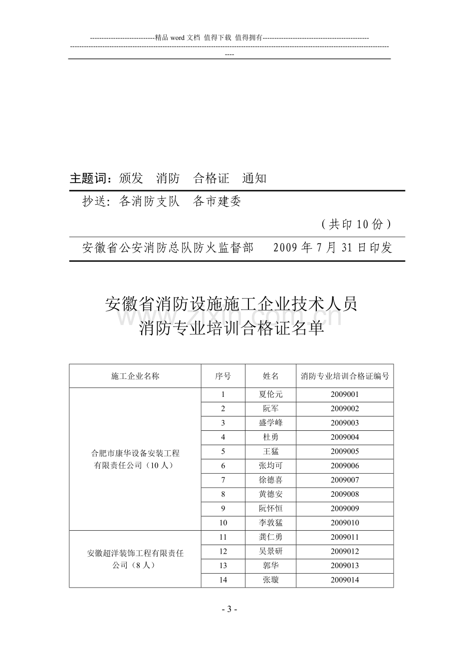 关于颁发消防设施施工技术人员消防专业培训合格证的通知.doc_第3页