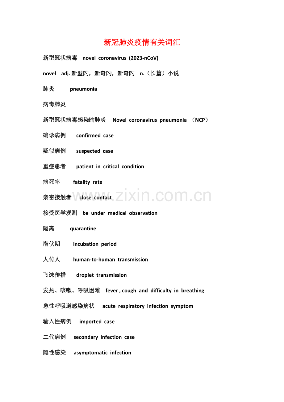 2023年四级新冠肺炎疫情有关词汇.doc_第1页