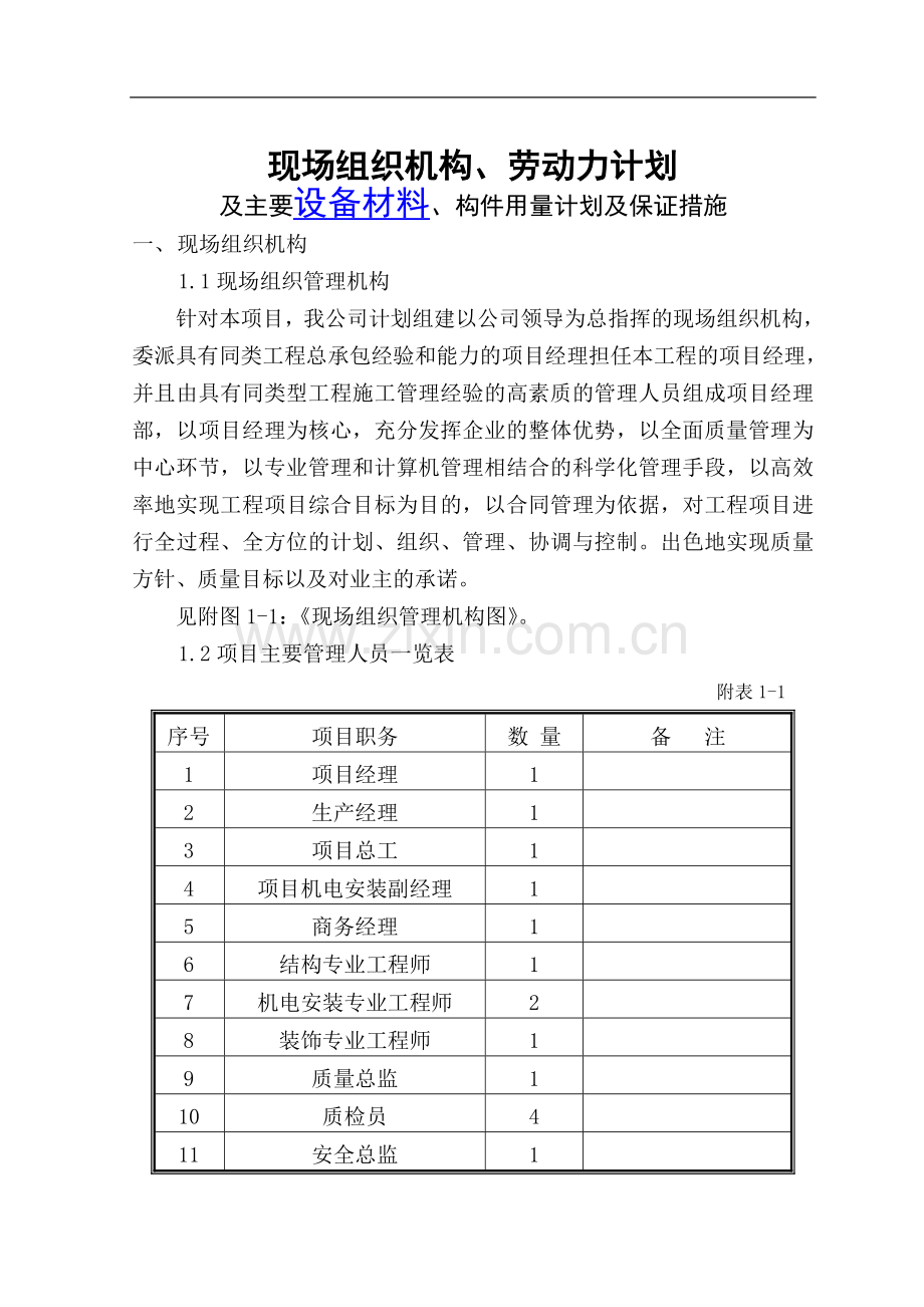 综合楼工程施工现场组织机构、设备材料及保证措施.doc_第1页