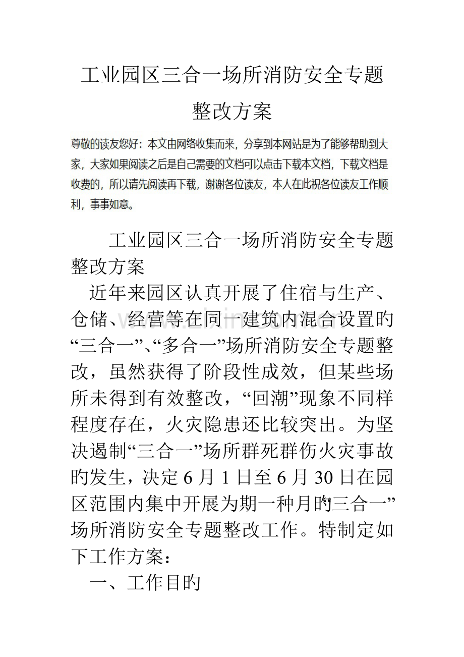 工业园区三合一场所消防安全专项整治方案.doc_第1页