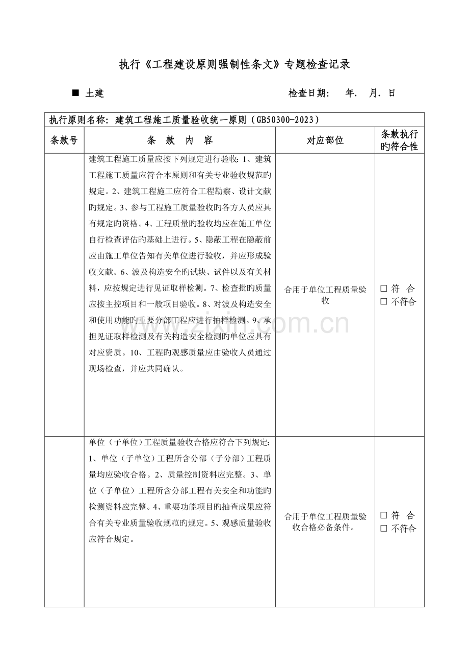 土建工程建设标准强制性条文专项检查记录表.doc_第1页