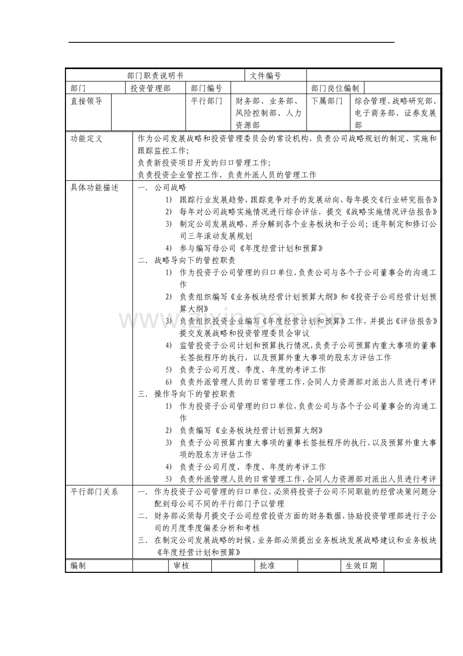 投资管理部部门职责说明书.pdf_第1页