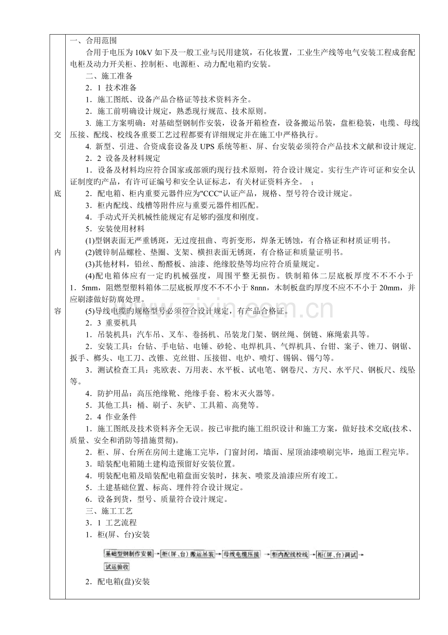 成套配电柜控制柜屏台和动力照明配电箱盘分项工程质量技术交底卡.doc_第2页