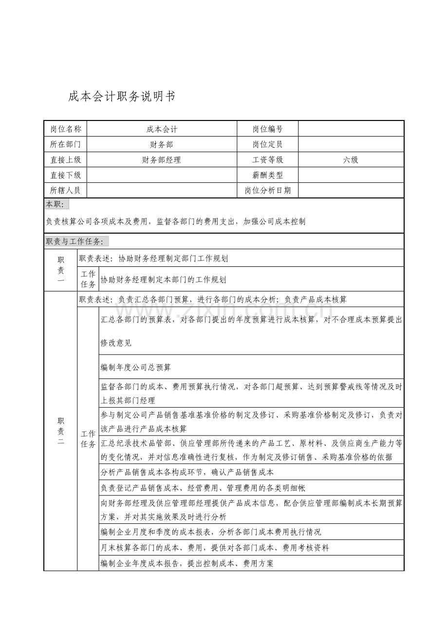 贸易公司财务部成本会计职务说明书.pdf_第1页