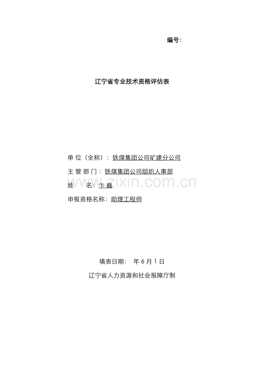 辽宁省专业技术资格评定表模板.docx_第1页