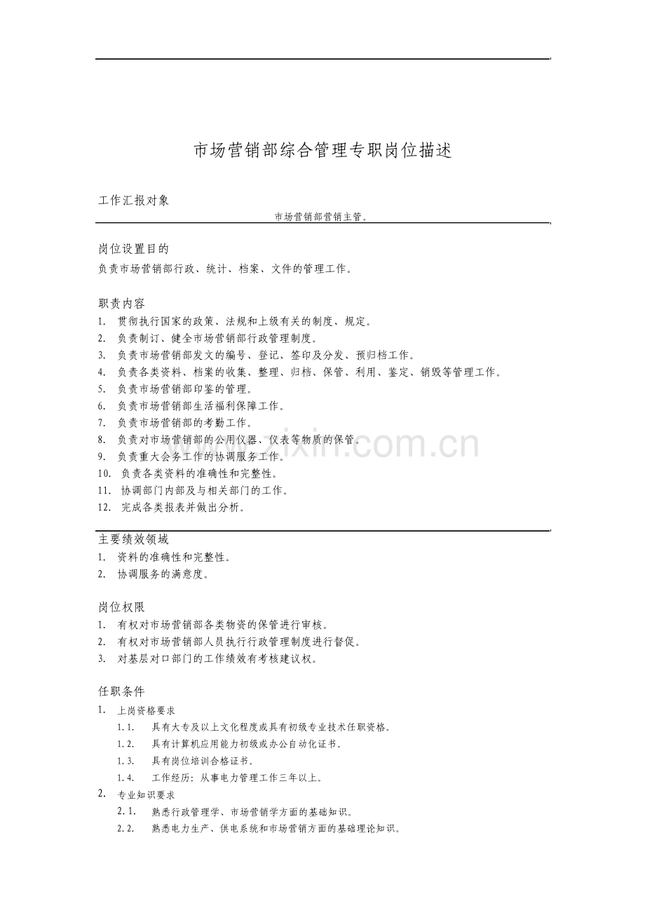 市场营销部综合管理专职岗位描述.pdf_第1页