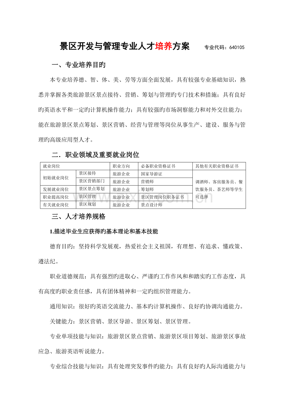 景区开发与管理专业人才培养方案.doc_第1页