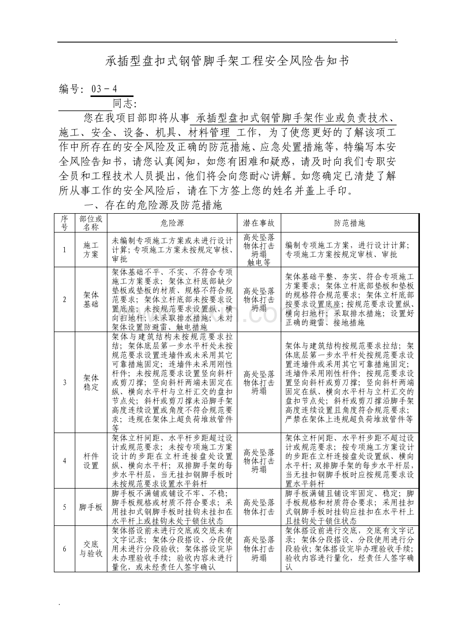 承插型盘扣式钢管脚手架工程安全风险告知书.pdf_第1页