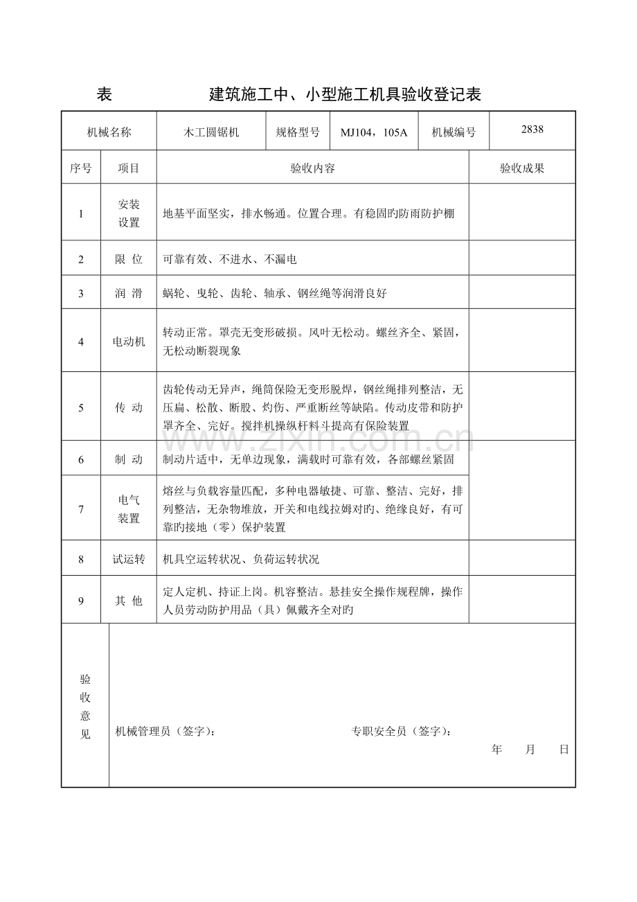 表建筑施工中小型施工机具验收记录表.docx_第1页