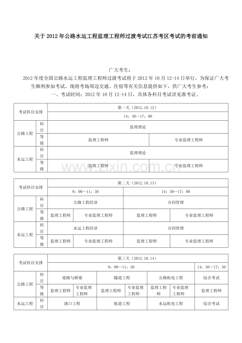 关于2012年公路水运工程监理工程师过渡考试江苏考区考试的考前通知.docx_第1页