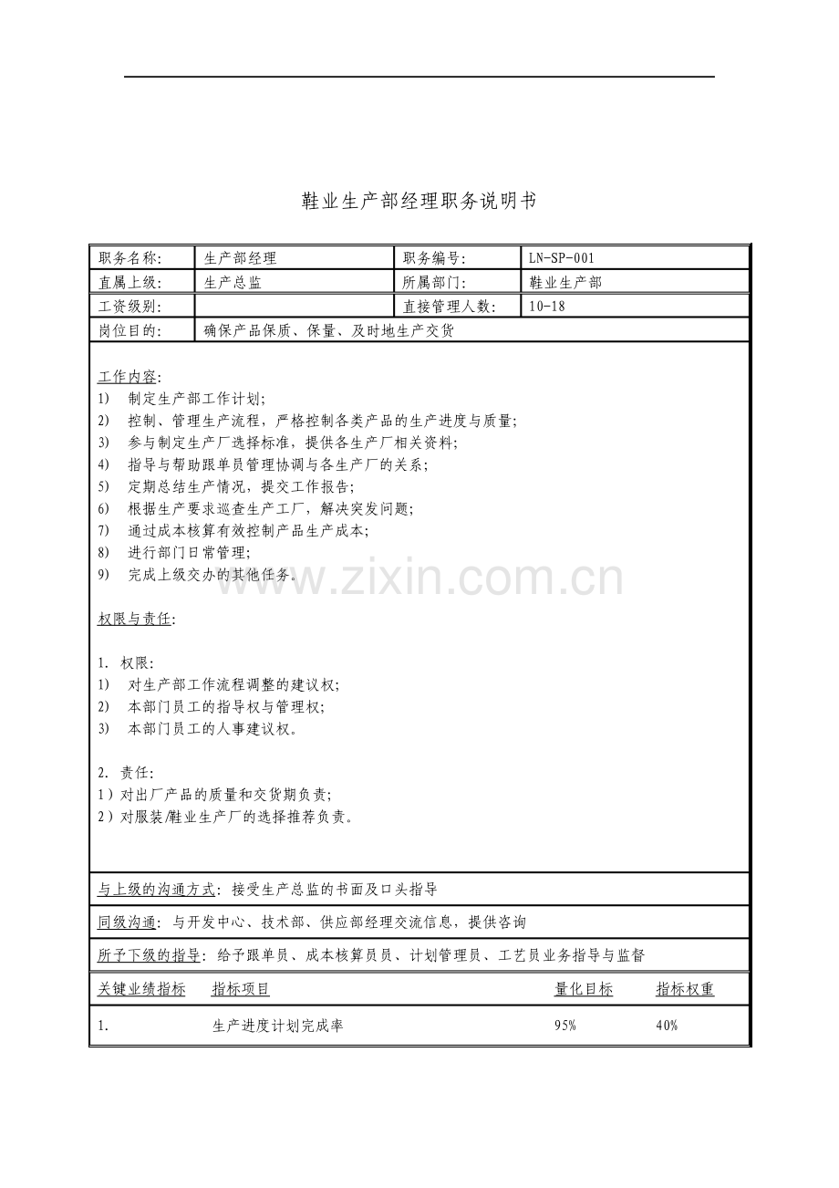 岗位职责鞋业生产部经理职位说明书.pdf_第1页