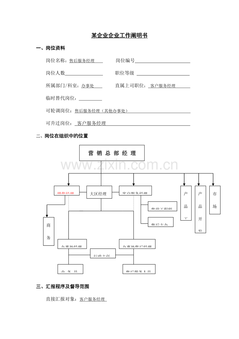 职位描述工作说明书售后服务经理.doc_第1页