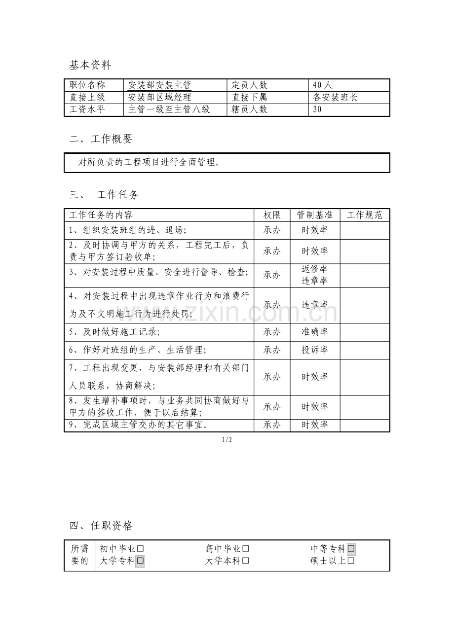 安装部安装主管职位说明书.pdf_第1页