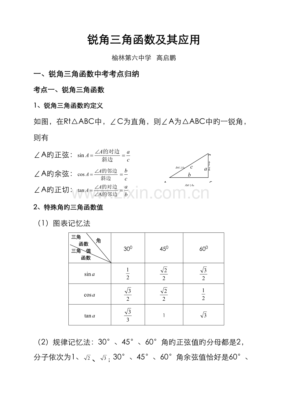 2023年初中锐角三角函数知识点总结.doc_第1页