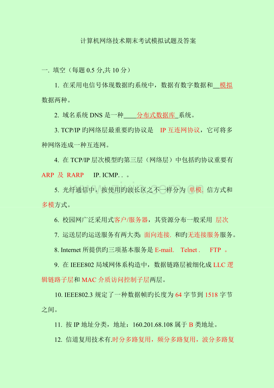 计算机网络技术期末考试模拟试题及答案.doc_第1页