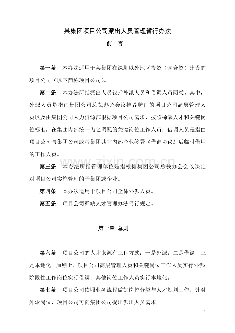 深圳某大型企业集团项目公司派出人员管理暂行办法.doc_第1页