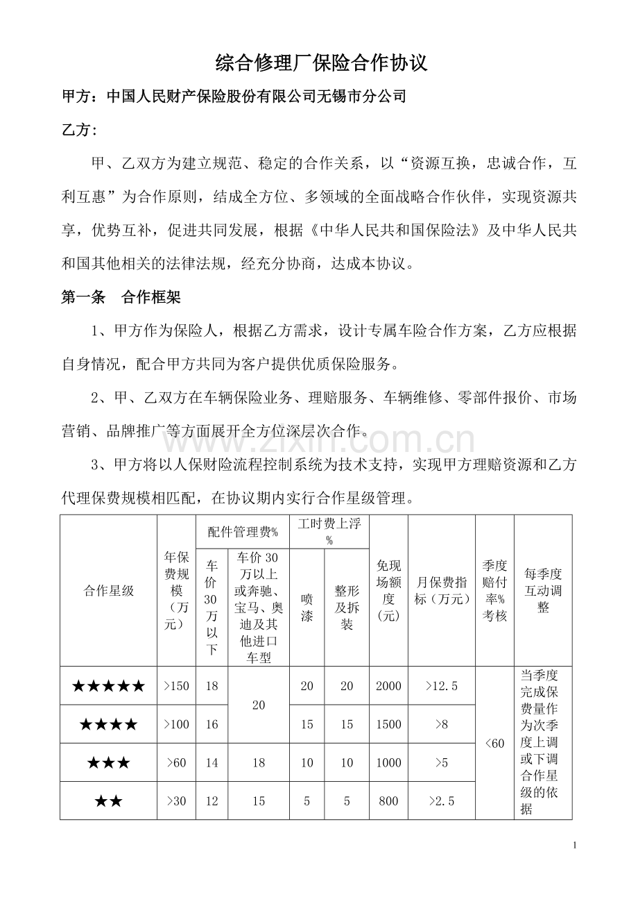 综合修理厂保险合作协议正式稿.doc_第1页