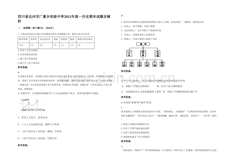 四川省达州市厂溪乡初级中学2021年高一历史期末试题含解析.docx_第1页