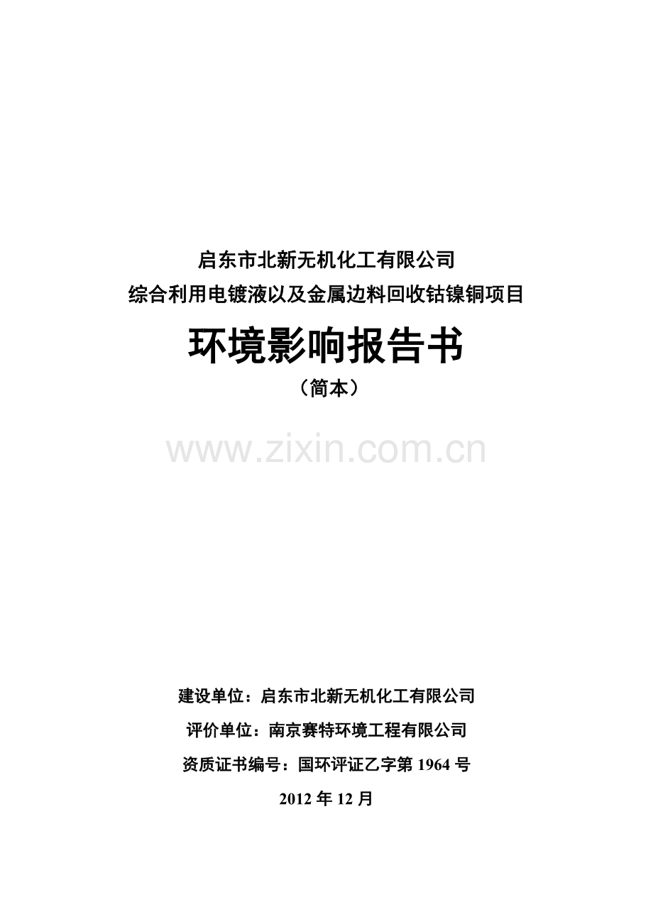 启东市北新无机化工有限公司综合利用电镀液以及金属边料回收钴镍铜项目报告书.doc_第1页