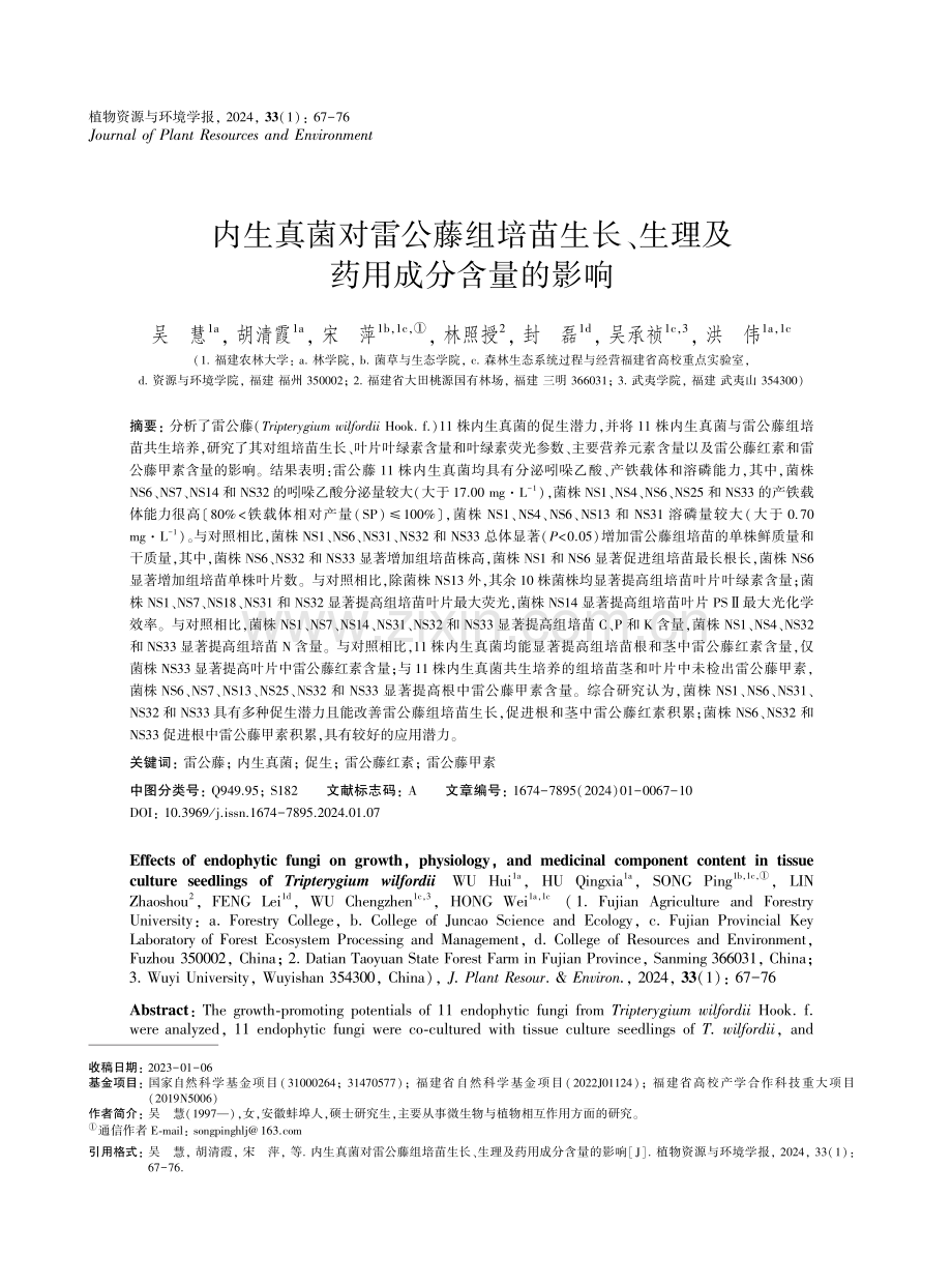 内生真菌对雷公藤组培苗生长、生理及药用成分含量的影响.pdf_第1页