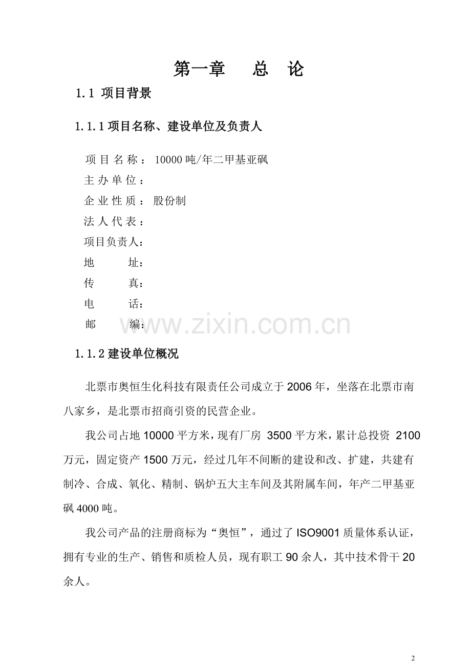 年产10000吨二甲基亚矾项目申请建设可行性研究分析报告.doc_第2页