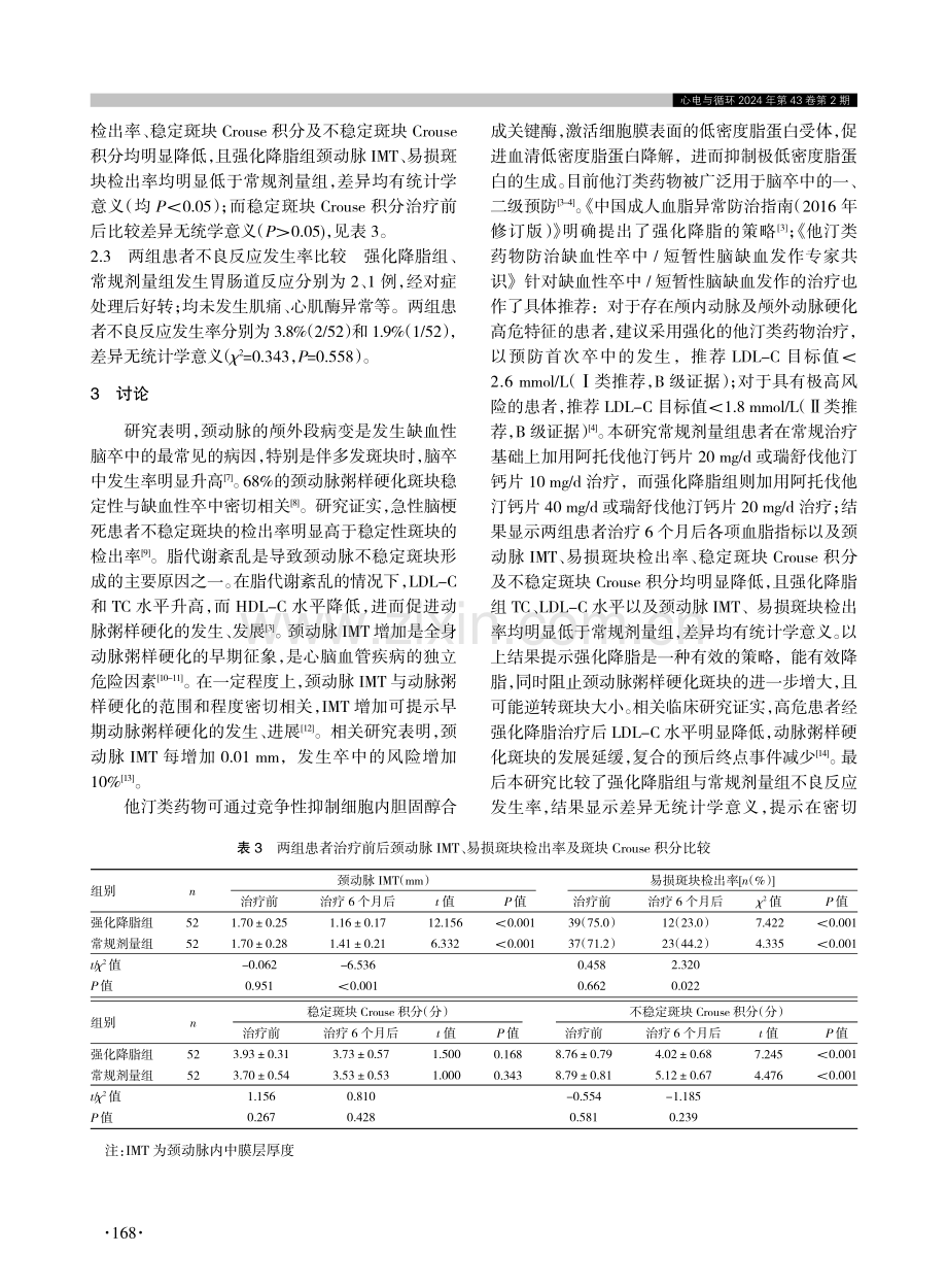 强化降脂对急性脑梗死患者血脂及颈动脉粥样硬化斑块稳定性的作用.pdf_第3页