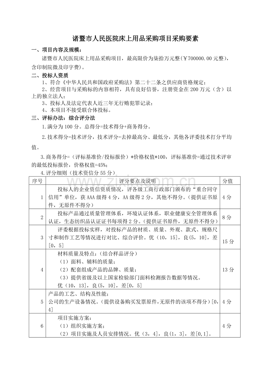 诸暨人民医院床上用品采购项目采购要素.doc_第1页