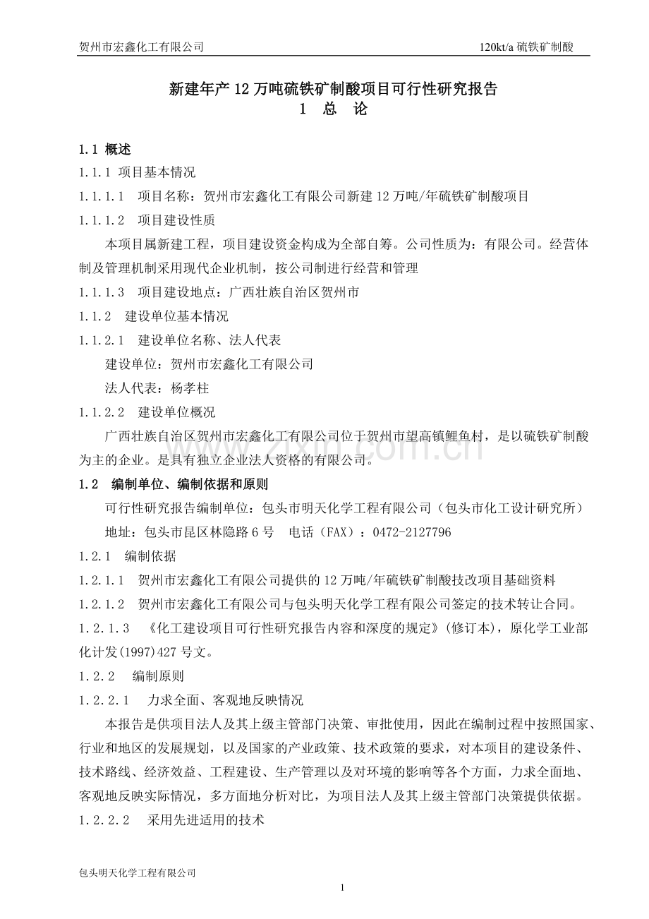 新建年产12万吨硫铁矿制酸项目申请立项可行性可行性研究报告.doc_第1页