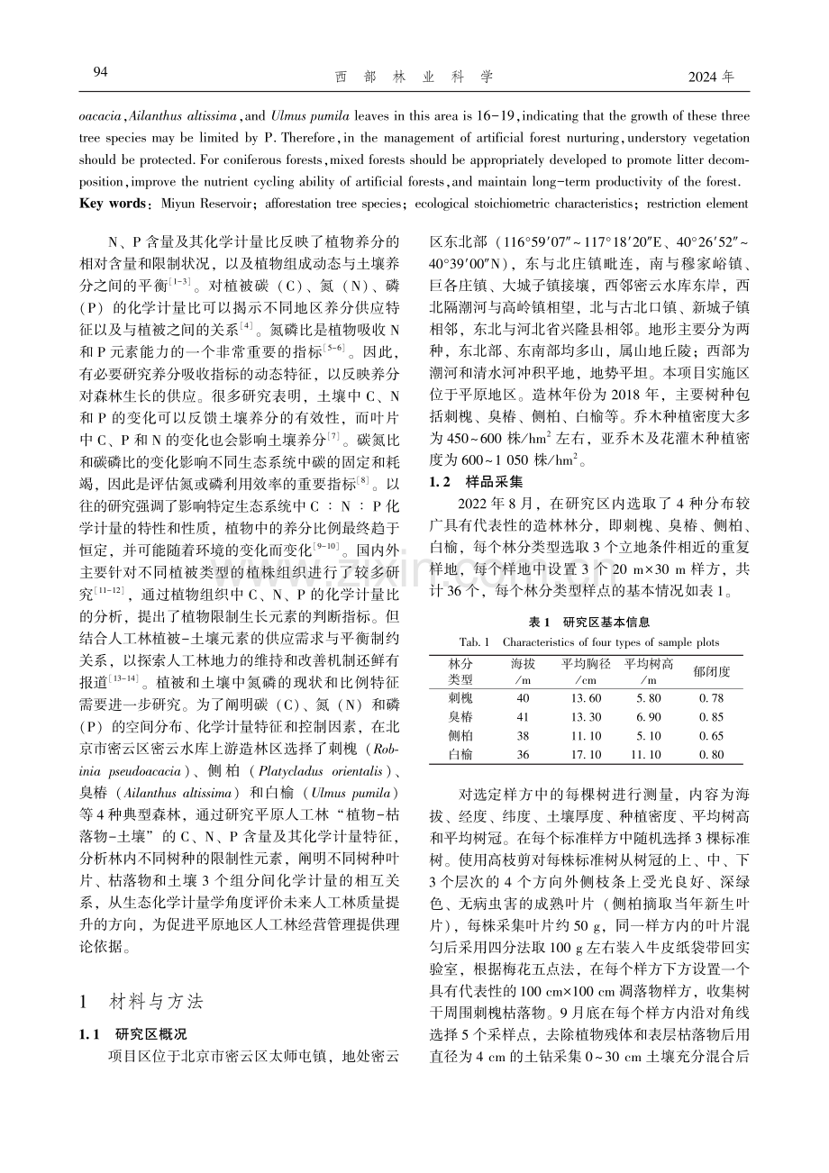 密云水库上游不同造林树种叶片-凋落物-土壤生态化学计量特征.pdf_第2页