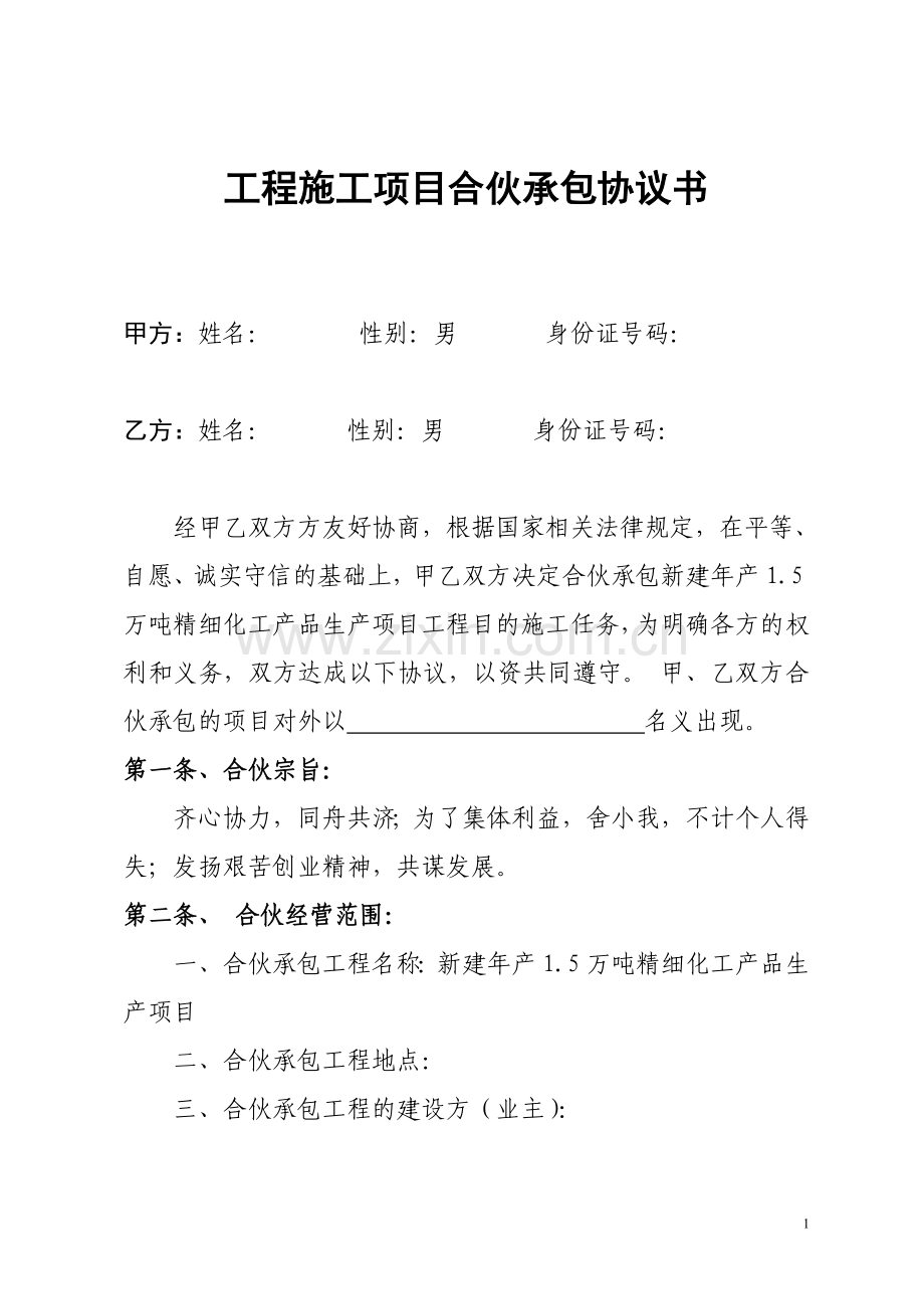 工程施工项目合伙承包协议书(修改).doc_第1页