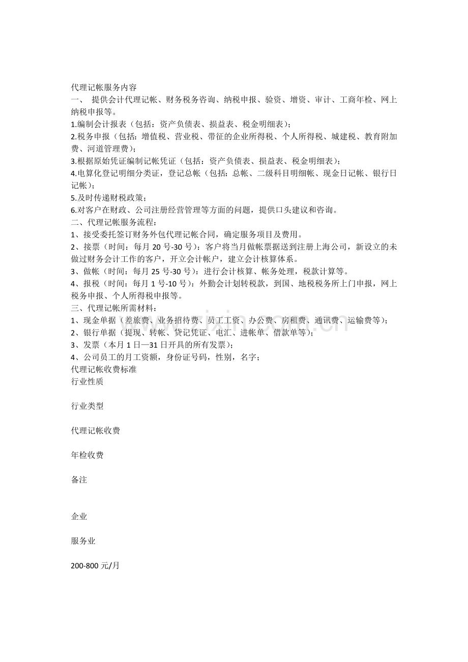 代理记帐服务内容和收费标准.docx_第1页