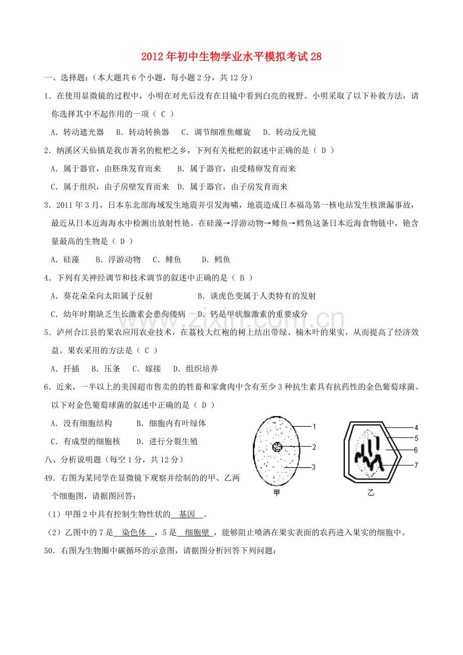 初中生物学业水平模拟考试28.doc_第1页