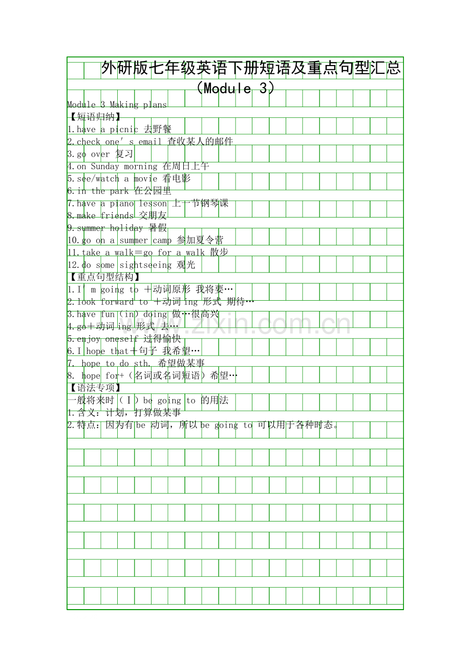 外研版七年级英语下册短语及重点句型汇总Module-3.docx_第1页